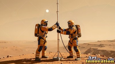 Yellow spacesuits worn by two astronauts holding a tall pole on a dusty Mars hill