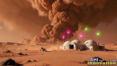A Mars outpost stands as a dust storm billows behind it under an orange sky