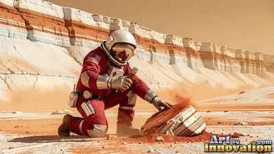 Kneeling on a dusty Martian plain, an astronaut in a red suit examines a rock