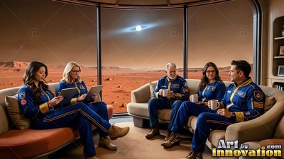 Crew members in blue suits relax by a big window looking out at Mars