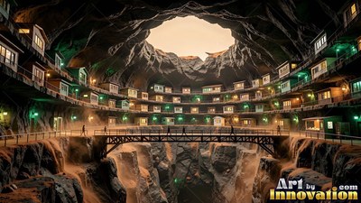 Inside a circular rock crater, tiny figures walk across a bridge between cliff homes