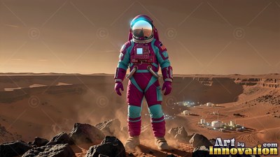 Standing on red rocks, an astronaut in a teal and magenta spacesuit overlooks a base