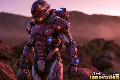A red armored spacesuit with a dark visor stands on a rocky hill under a dusty sky