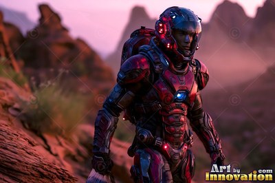 An astronaut in a red armored spacesuit walks through rocky red hills