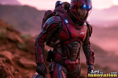 On a rocky red hill, an astronaut in a dark crimson spacesuit looks down