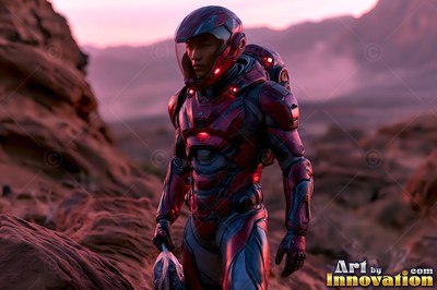 Standing on a rocky red hillside, an astronaut pauses in a fitted armored suit
