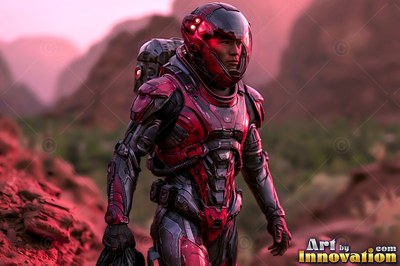 An astronaut in an armored suit walks across a rocky valley under a soft pink sky