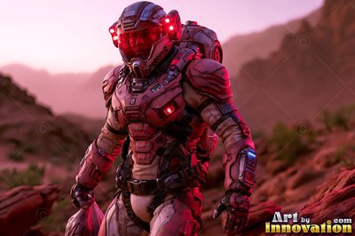 An astronaut in a red armored spacesuit stands on rocky Mars hills
