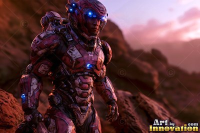 Blue lights on a red armored spacesuit, worn by an astronaut standing on rocky hills