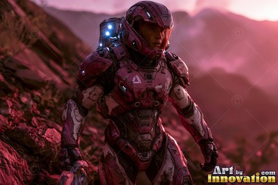 Standing on a rocky pink hill, an astronaut walks in heavy armor