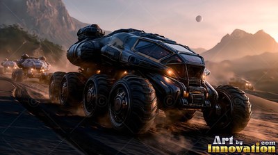 A dark eight-wheeled rover drives down a dusty dirt road near rugged mountains