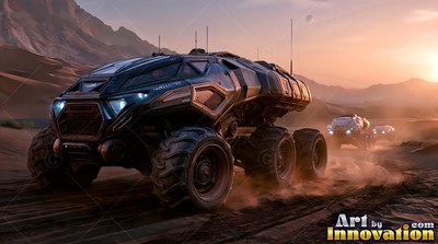 On a dusty desert plain at sunset, a dark six-wheeled rover drives over sand
