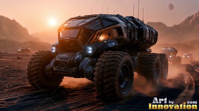 Kicking up dust at sunset, a dark exploration rover drives across red ground