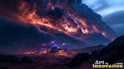 A Mars dome base under dark fiery storm clouds