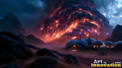 Round white habitat domes rest on dark sand below a fire-lit volcanic dust cloud