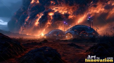 Domed habitats sit on red sand as dark storm clouds fill the sky with fiery orange light