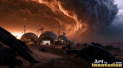 On a red desert, round base domes sit before a huge brown dust cloud