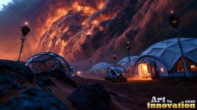 Facing an orange dust storm, white habitat domes sit on a dark Martian plain