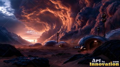 Mars colony domes under dark clouds of a red dust storm