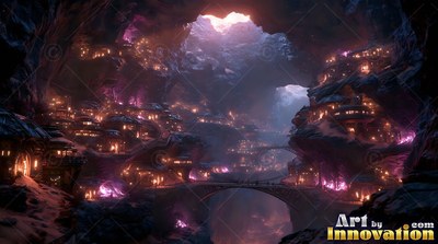 Lit dwellings clustered on rock ledges form an underground city inside a cavern with arched bridges