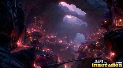 A subterranean village spreads across a rocky cavern under warm pink window light
