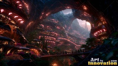 Walking across a bridge inside a tiered cavern city with red lights