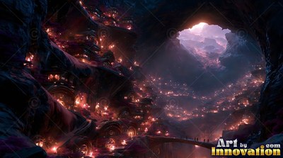 A dark underground city spreads across rocky cave slopes with warm lights