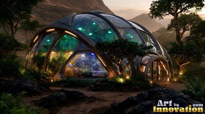 In a dark rocky valley, a curved glass greenhouse shines with green plants inside