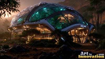 Sheltering green plants at dusk, a large glass dome rests on the red ground