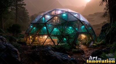 A lit glass greenhouse dome filled with trees on a rocky red landscape