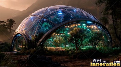 Curved glass panels shelter a greenhouse dome full of green trees in a desert valley