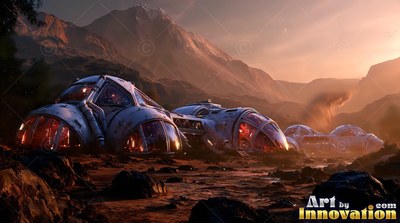 Dome habitats sit on rocky red ground below mountains in warm hazy sunlight