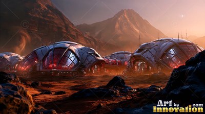 Huddled low on the red ground, domed habitats sit before dusty mountains