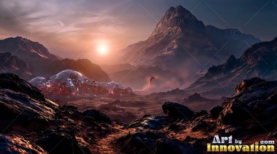 A colony dome rests in a rocky Martian valley under hazy afternoon sunlight