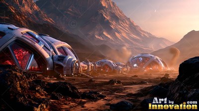 On a dusty red plain, white habitat domes sit below rocky mountains