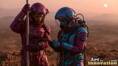 Standing on red dirt, two astronauts in pink and teal spacesuits check a handheld device