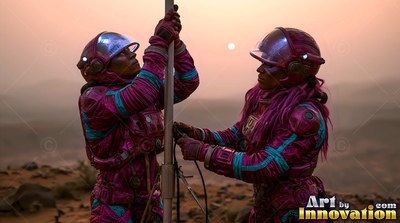 Magenta spacesuits on two astronauts setting up a tall metal pole at sunset