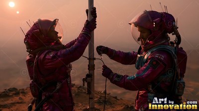 Two astronauts set up a metal pole under an orange sky with two suns