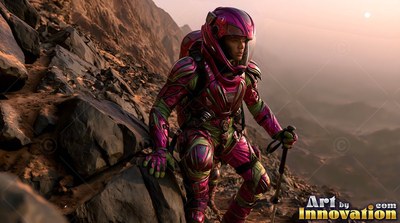 Climbing a steep rocky ridge, an astronaut wears a colorful suit on Mars