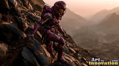 An astronaut in a purple suit climbs down a steep rocky hillside