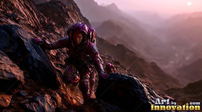 On a steep rocky slope, an astronaut in a purple spacesuit climbs over dark boulders