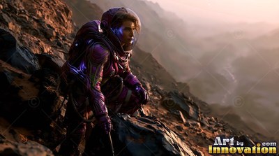 Climbing a rocky ridge, an astronaut in a purple spacesuit looks into the distance