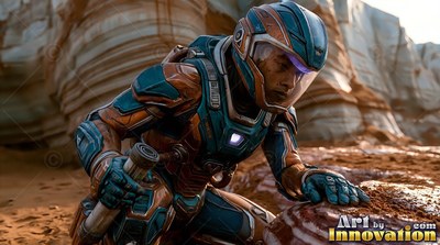 Astronaut in a teal and orange suit kneels on red Martian rock