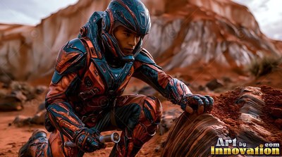Wearing a blue and orange spacesuit, an astronaut kneels beside a red rock on Mars