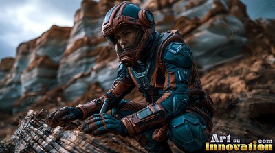 An astronaut kneels by a rock ledge under overcast light on a red cliff