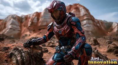 Kneeling on a red desert hill, an astronaut rests one gloved hand on a rock