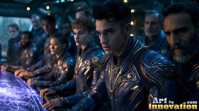 A crew in dark blue armored suits leans over a purple control table