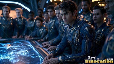 In a dim command room, a crew in blue flight suits stands around a map table