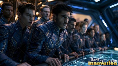 Leaning over a table, a crew in blue flight suits looks down at a blue screen