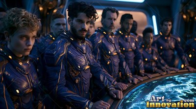 A crew in blue and gold armored suits gathered around a circular console